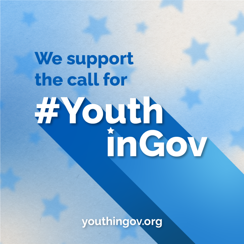 On a light blue gradient background with stars and the U.S. Capitol building in the background, text reads “Support our call for #YouthInGov” with Youth in Gov shooting out from the bottom right corner. At the bottom center, text reads “youthingov.org.