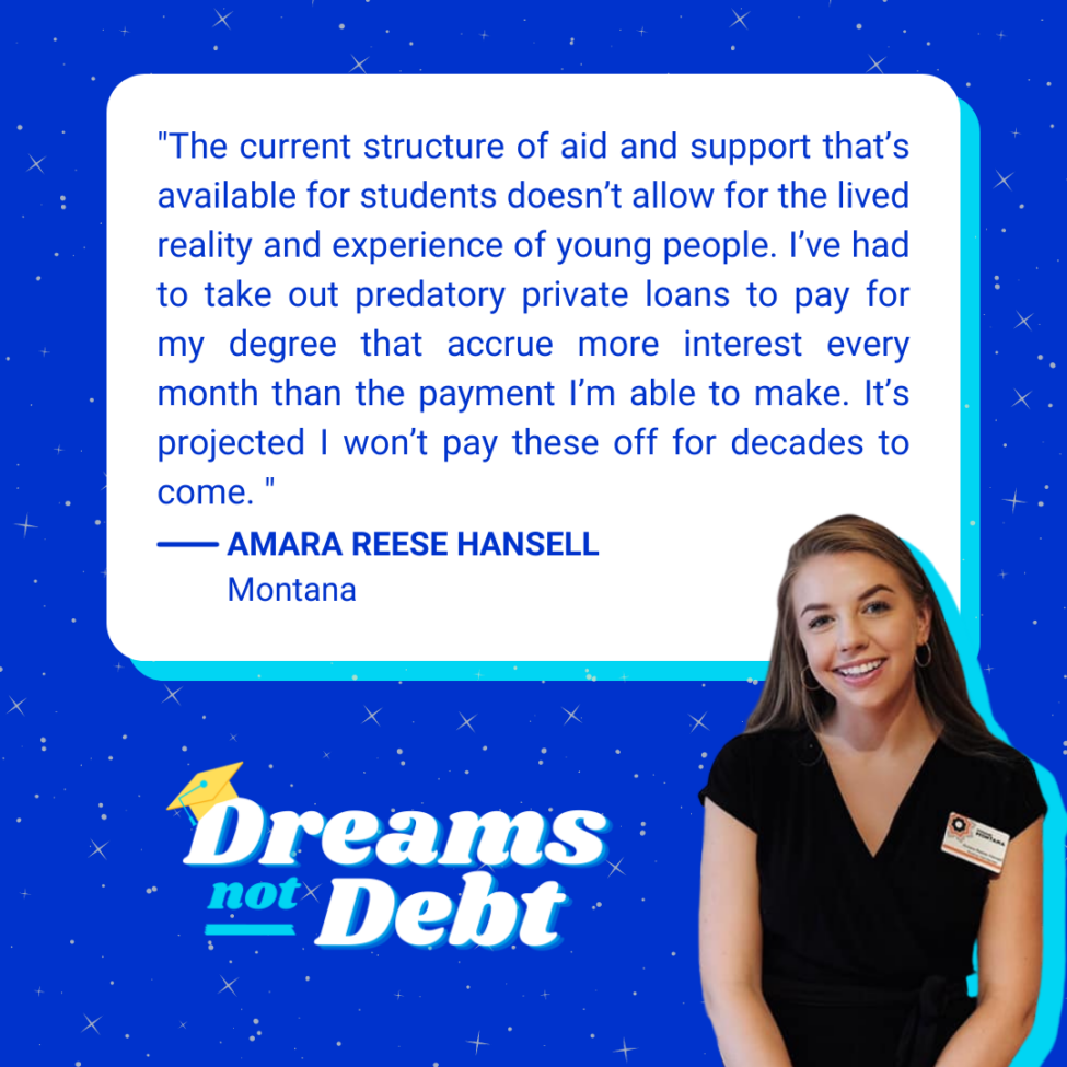 A graphic with a photo of Amara Reese Hansell next to a text block with a quote of her student debt experience 