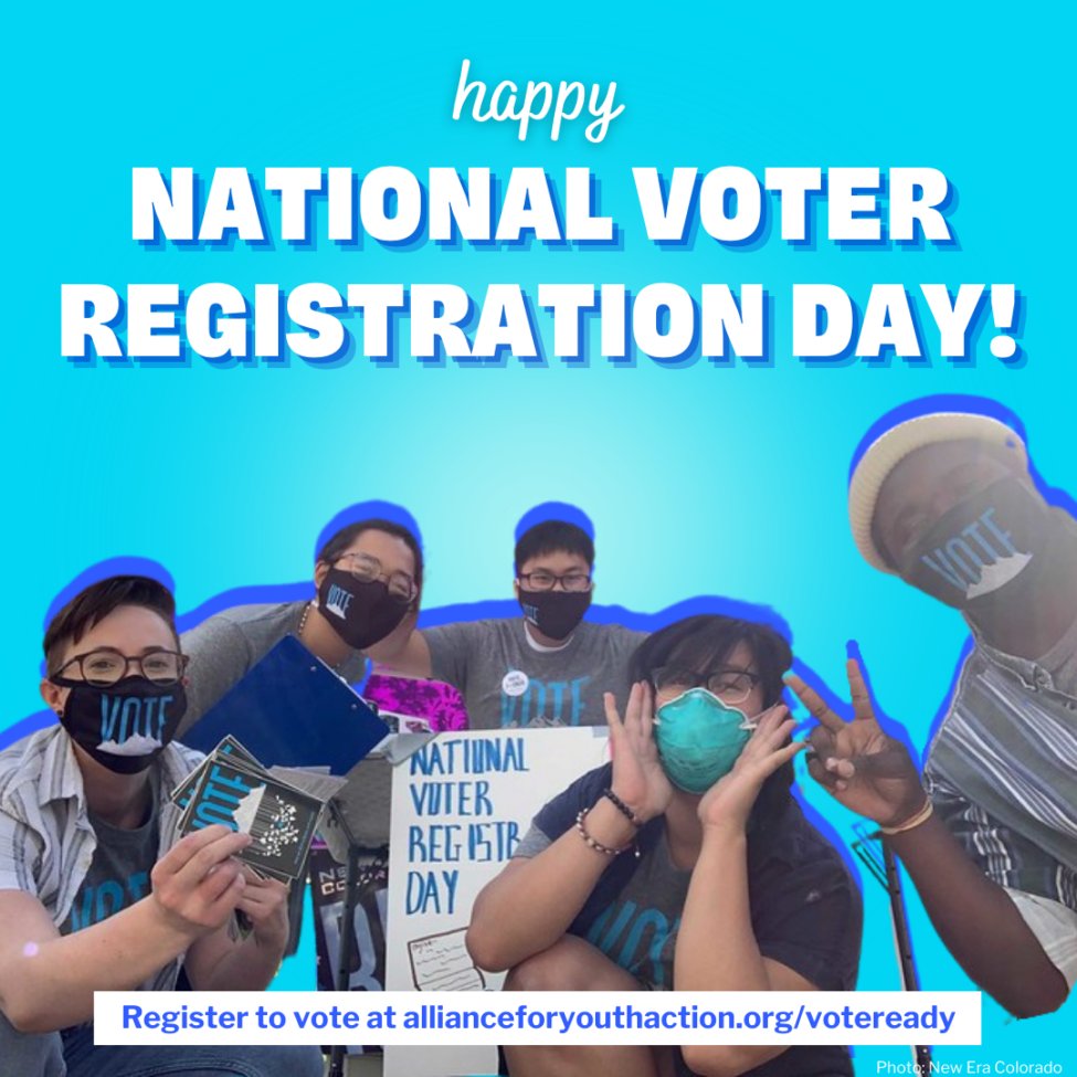 Photo of new era colorado organizers under text "happy national voter registration day"