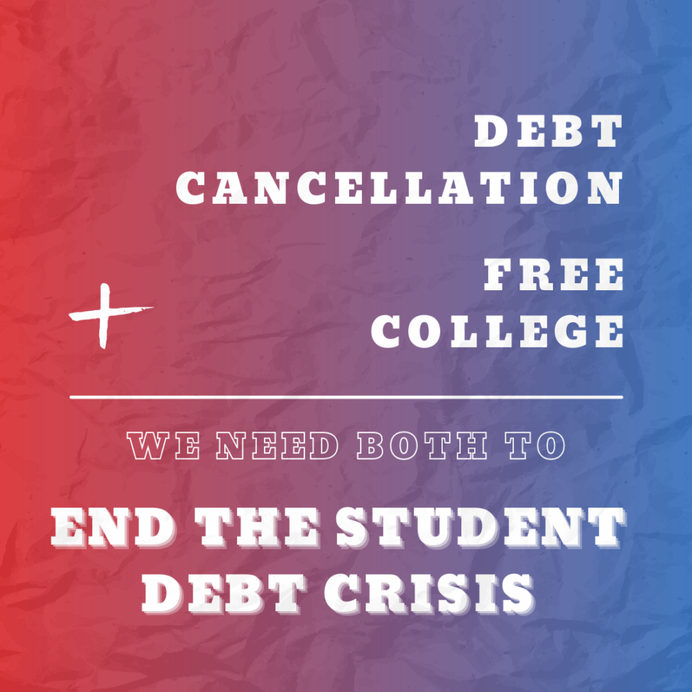On a red/blue gradient background, large white text says "Debt cancellation + free college --- we need both to end the student debt crisis"]