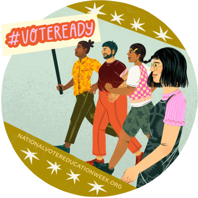 Illustration of young people marching with a sign that says #VoteReady