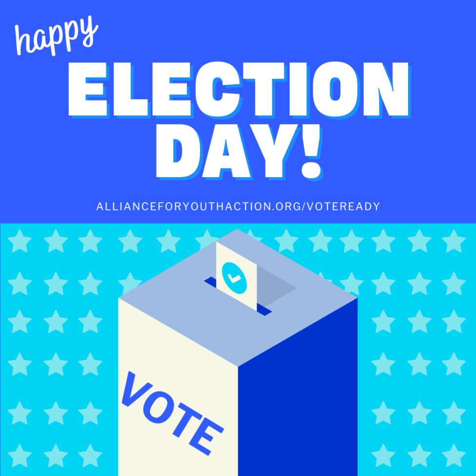 A dark blue and light blue graphic with white text that says "happy Election Day! Under the text is an illustration of a ballot box in front of small stars
