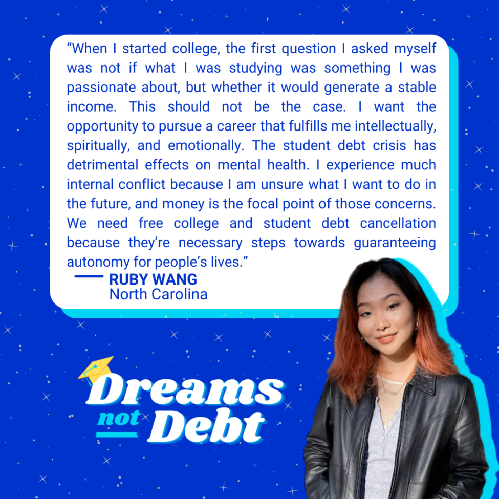 A graphic with Ruby Wang and a quote about student debt